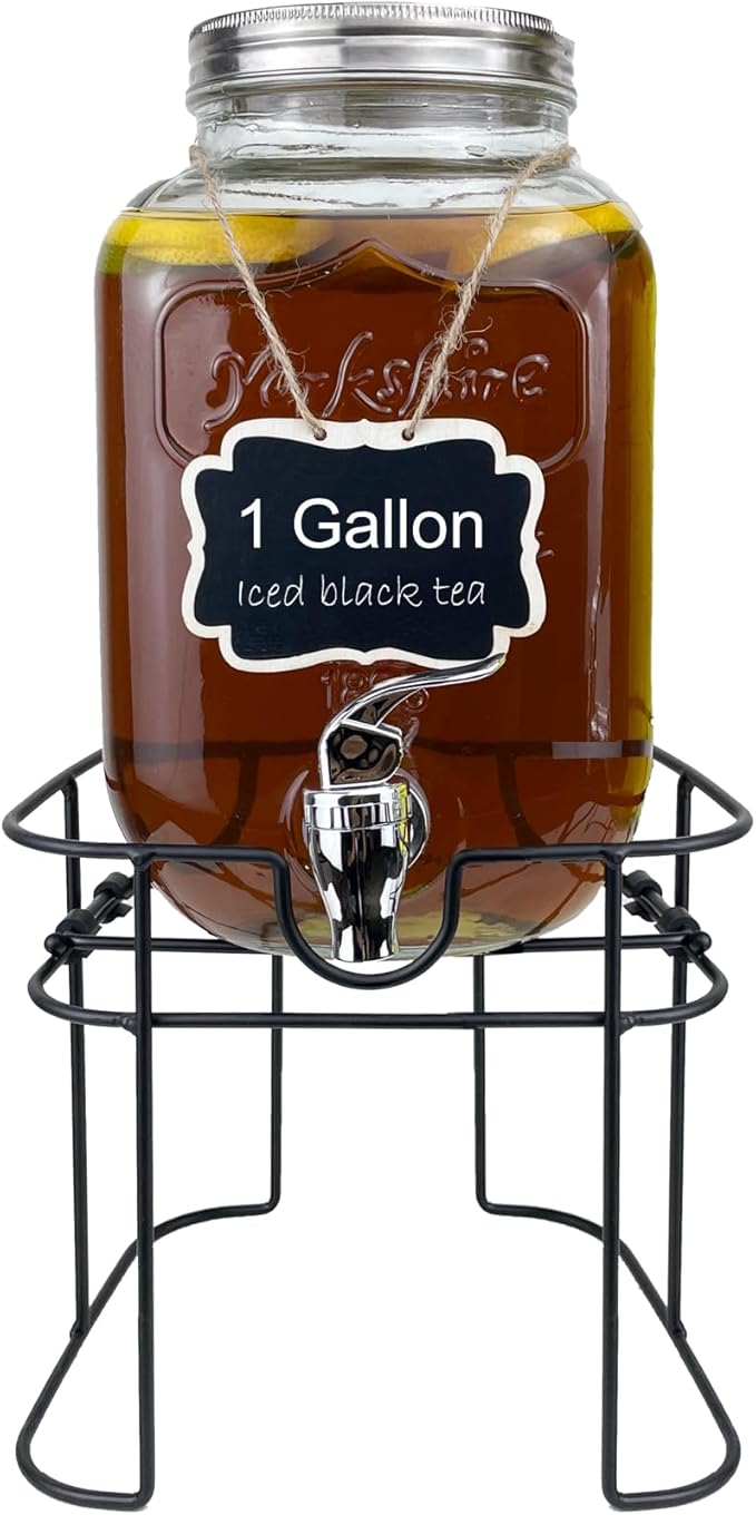 1 Gallon Glass Drink Dispenser for Parties, 1PCS Juice Lemonade Ice Tea Water Dispenser with Stand, HENABLE Beverage Dispensers with Spigot for BBQ, Picnic, Party
