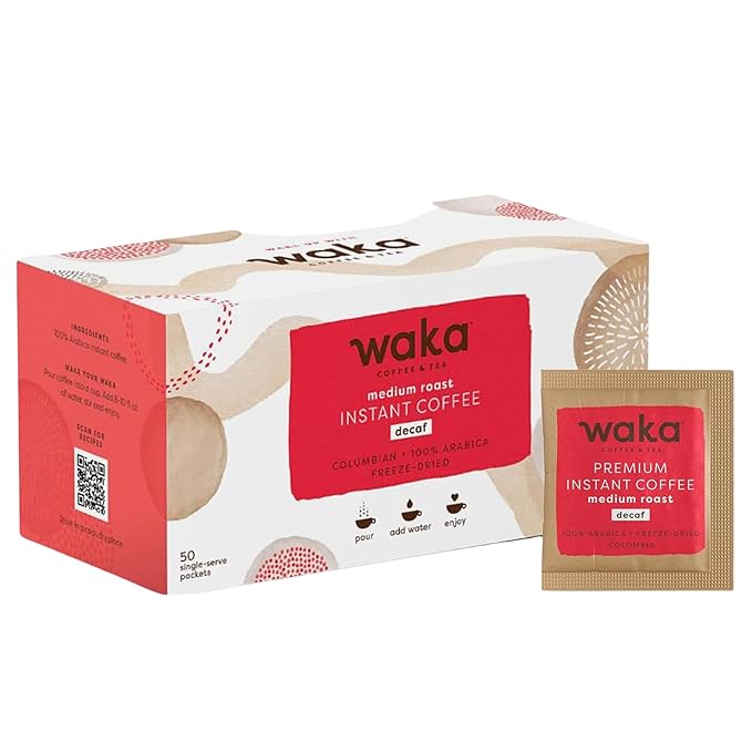 Waka Decaf Premium Instant Coffee — 100% Colombian Arabica Freeze Dried Beans — For Hot or Iced Coffee (Single-Serve, 50 ct)