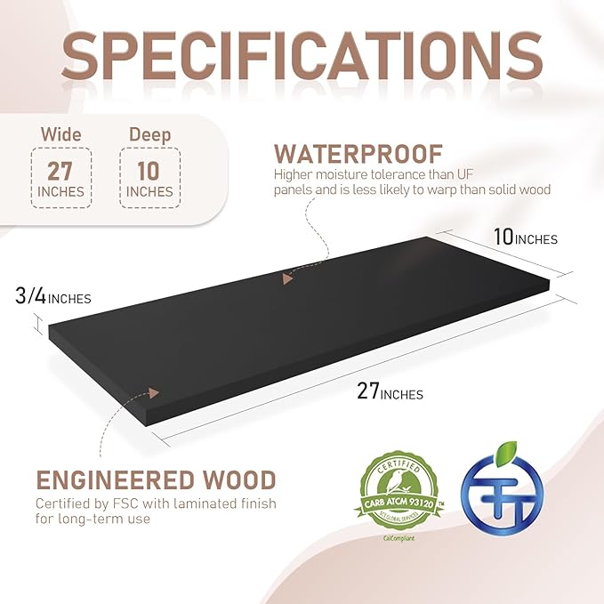 Kaboon 27 inch Long 10 inch Deep Floating Shelves for Wall Set of 2, Large Open Shelves Wall Mounted, Space Saving Home and Commercial Use, Black