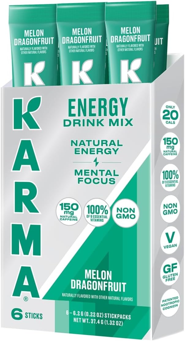 Karma Energy Hydration Packets – 6 Pack, Melon Dragonfruit Drink Mix with Cognizin® Nootropics, Vitamins & Immune Support, Low Calorie
