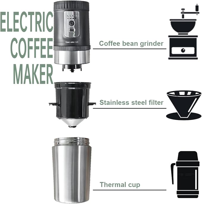 SOTECH 3 in 1 Portable Coffee Maker Electric Burr Coffee Grinder Black Pour Over Kettle Coffee Bean Storage For Travel Hiking Picnic Camping