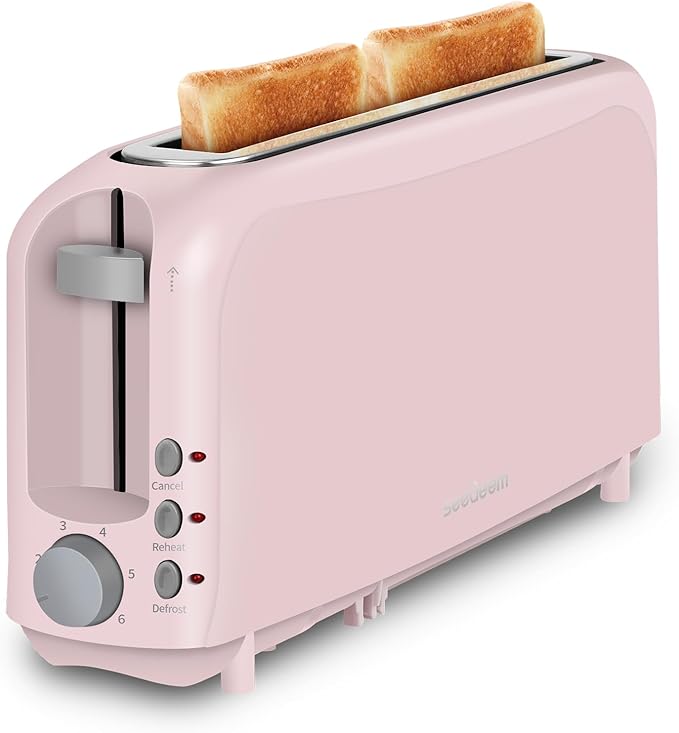 SEEDEEM 2 Slice Slim Toaster, Single 10" Long Slot Toaster Fits Bagels & Artisan Bread, 6 Shade Settings, Cancel/Reheat/Defrost, Removable Crumb Tray, Auto Shut-Off, Pink