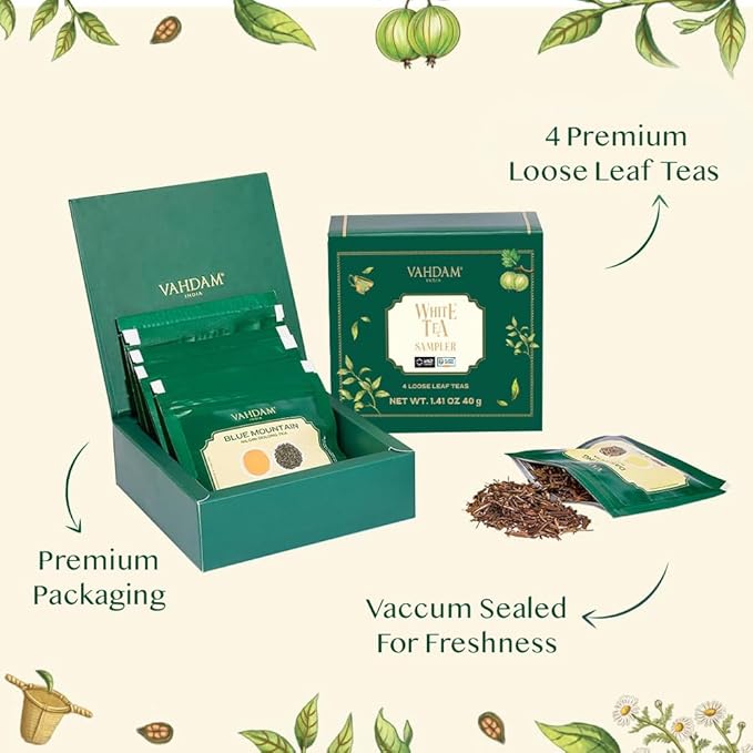 VAHDAM, Assorted White Tea Sampler Gift Set, Gluten Free, Non GMO - 4 Unblended White Loose Leaf Tea Sampler | Tea Variety Pack | Christmas Tea Gift Set