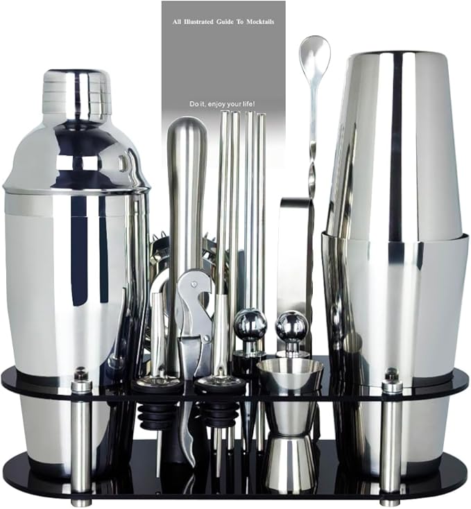 17Pcs Cocktail Shaker Set 750ml, 750/600ml Bartending Kit 25oz, 25/20oz Bar Shakers Tools Bartender Kit with Recipe Book Black Stand