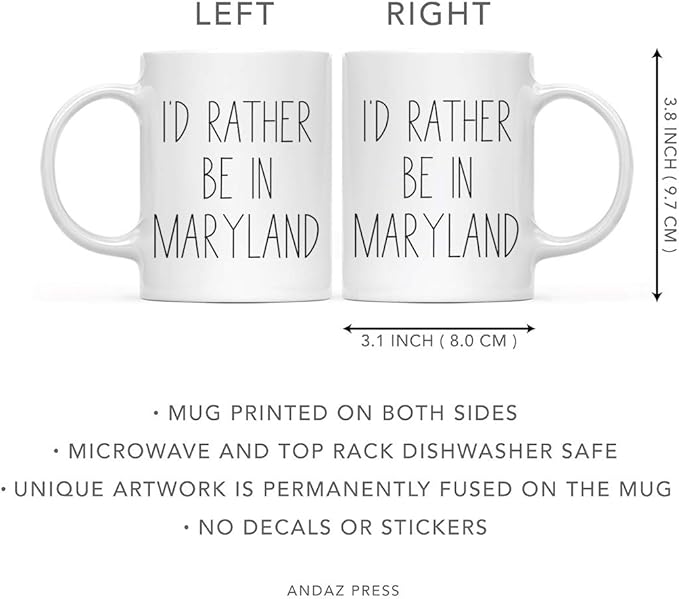 Andaz Press U.S. State 11oz. Coffee Mug Gift, I'd Rather Be in Maryland, 1-Pack, Long Distance College Going Away Study Abroad Birthday Christmas Gifts