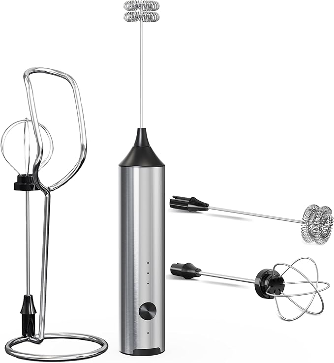 Handheld Milk Frother Wand Rechargeable with Stand - Stainless Steel Double Whisk Milk Frother Handheld -Coffee Stirrers Electric Drink Mixer - Coffee Frother