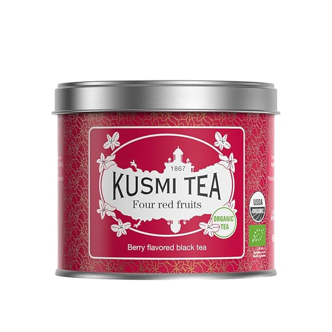 Kusmi Tea - Four Red Fruits - Organic Black Tea - Flavored with Strawberries, Raspberries, Redcurrants & Cherries - Smooth, Flavourful, Caffeinated Tea - Loose Leaf Tea - Tin Box of 3.5 oz