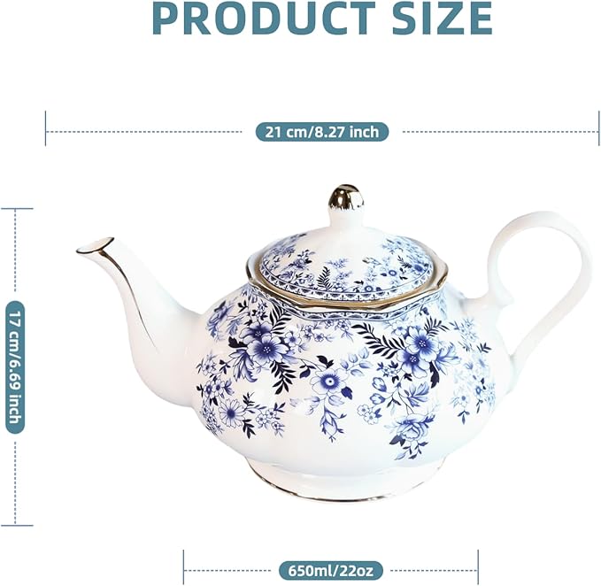 22oz Floral Ceramic Teapot (Suitable for 1 to 3 people) – Vintage Gold Rim Porcelain Tea Pot for Loose Leaf, Blooming Tea & Coffee, Elegant Teapot for Tea Party, Flower Design (China Flower)