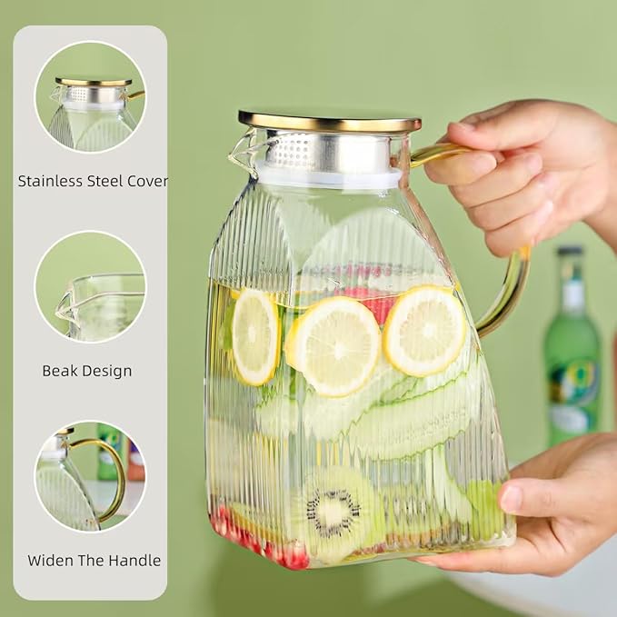Glass Pitcher with Lid 1.8L, Borosilicate Glass Water Jug for Refrigerator Door, Hot & Cold Beverages, Leak-Proof Stainless Steel Lid with 2 Filter Holes for Iced Tea, Juice, Coffee, Milk