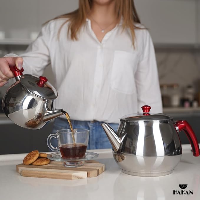 Hakan Stainless Steel 2.8 L, 93 Oz, Midi Double Bondy Tea Pot Set with Self Strainer Double Lids, Turkish Samovar Style Teapot Set, Tea Kettle for Loose Leaf Tea with Red Bakelite Handle 2.9-Quart