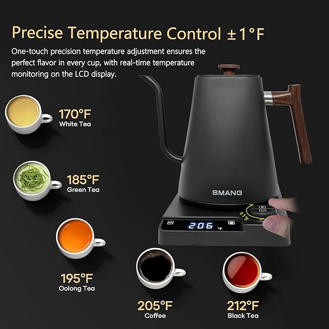 Electric Kettles, Gooseneck Electric Kettle, ±1℉ Temperature Control, for Pour Over Coffee and Tea, 304 Stainless Steel Inner, BPA-Free, Quick Heating Electric Kettles for Boiling Water, 1L Black