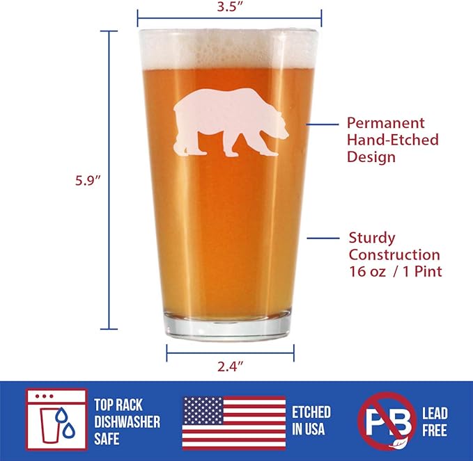 Bear Pint Glass for Beer - Cabin Themed Gifts or Rustic Decor for Men and Women - Fun Drinking or Party Glasses - 16 oz