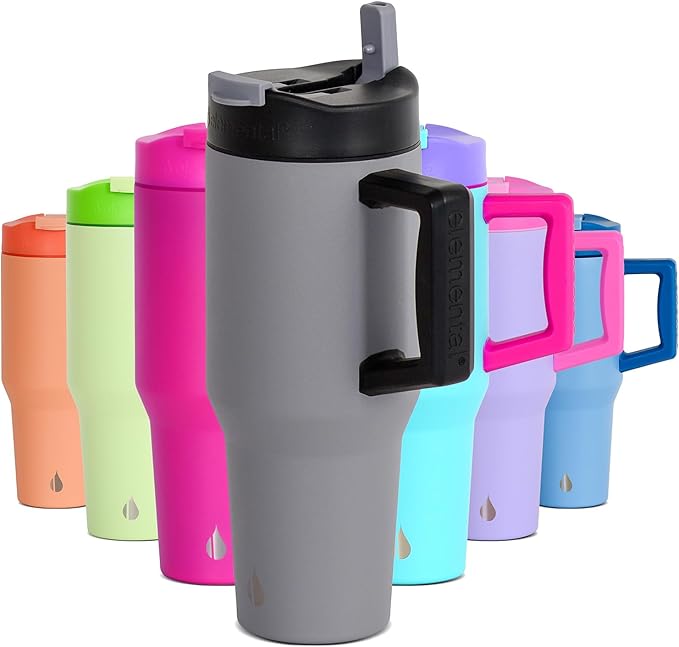 Elemental 32 oz 100% Leak Proof Tumbler with Handle & Straw - Stainless Steel Double Wall Insulated Tumbler for Hot and Cold Beverages - Travel Coffee Mug with Sip & Straw Lid - Graphite