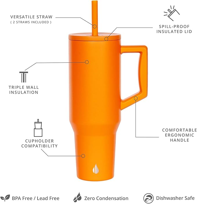 Elemental 40 oz Tumbler with Handle and Straw - Spill Proof Insulated Stainless Steel Commuter for Hot and Cold Beverages - Travel Coffee Mug with 2 Straws & Spill Proof Lid - 40oz - Orange