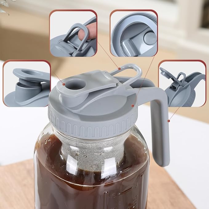 Glass Tea Pitcher with Airtight Lid Leak Proof Mason Jar with Stainless Steel Filter Glass Empty Jar for Water, Tea and Juice (Gray)