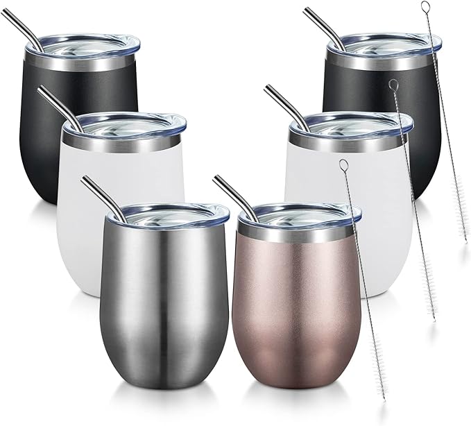 COMOOO Stainless Steel Wine Tumbler with Lid and Straw 12oz Double Wall Vacuum Insulated Travel Tumbler Cup for Coffee, Wine, Cocktails, Champagne (Black White Silver and Rose Gold,6 Pack)