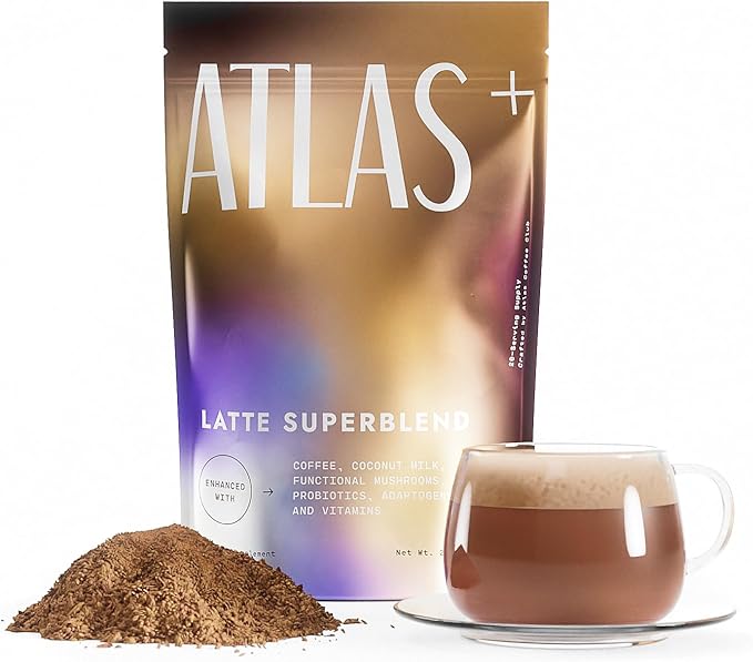 Atlas+ Latte Superblend– Premium Mushroom Coffee with Collagen, Probiotics, D3 & B12, Lion’s Mane, Reishi, Cordyceps, Coconut– for Energy, Focus, Immunity & Gut Health– 20 Servings (1 Bag)