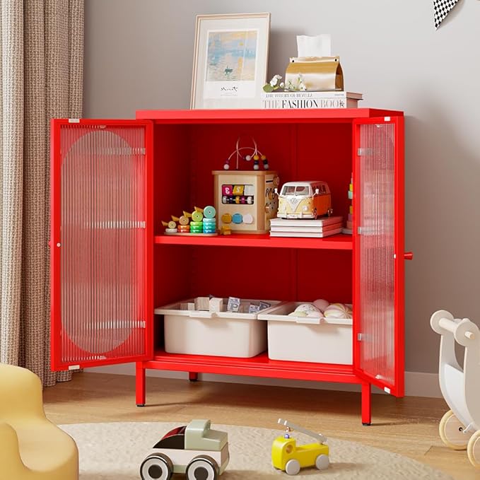 Small 2 Transparent Door Metal Storage Side Buffet Cabinet for Bed Room,Living Room,Entryway,Hallway,Home,Hotel,Office,Garage,Kitchen,1 Removable Shelf. (Transparent Door, Red)