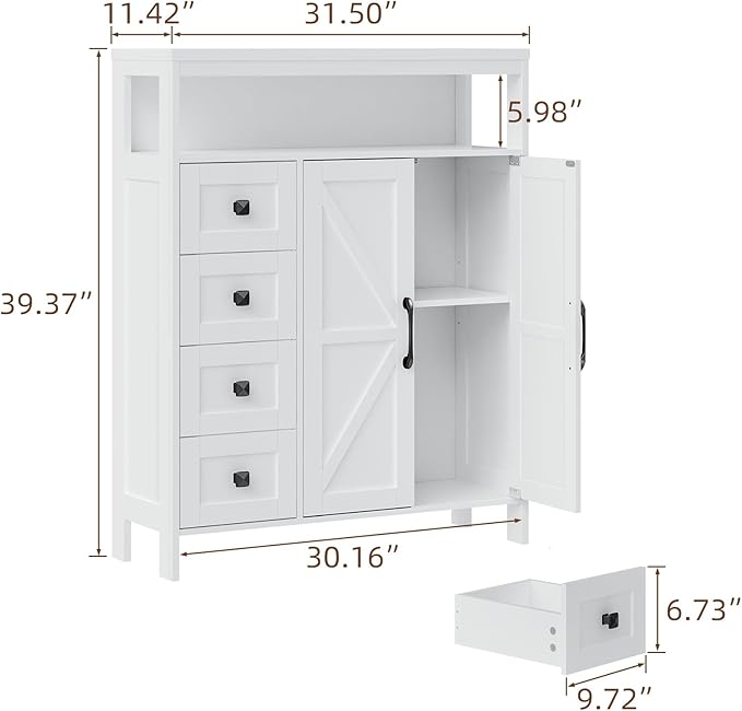 Vabches Farmhouse Storage Cabinet with 2 Doors and 4 Drawers, Freestanding Bathroom Compartment Kitchen Pantry Cabinet, Floor Cupboard for Kitchen/Living Room/Bathroom,White