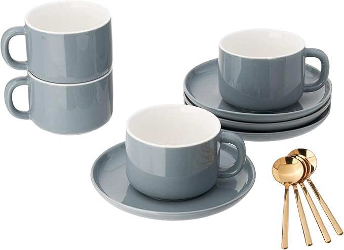 7oz Coffee Cups with Saucers and Gold Spoons - Set of 4 Cappuccino Cup, Grey Porcelain Cups Serving for Tea, Latte, Mocha
