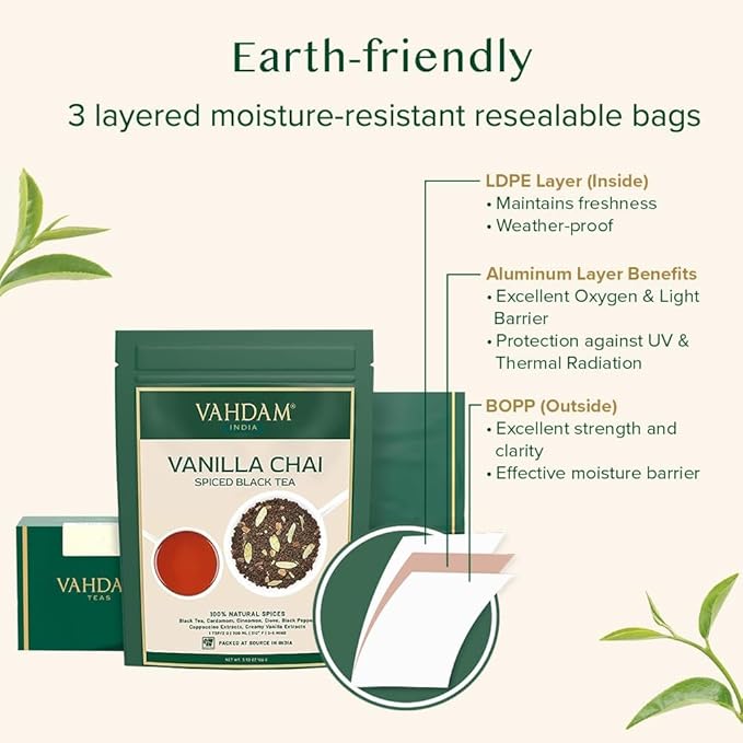 VAHDAM Vanilla Spiced Masala Chai | 3.53oz (50 Cups) Gluten Free Delicious Blend Of Vanilla & Masala Chai | Spiced Chai Tea Loose Leaf | Brew As Hot, Cold Or Iced Tea | Vacuum Sealed Pack