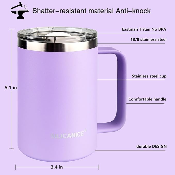 14/24oz Insulated Coffee Mug Cup With Handle, 304 Stainless Steel Vacuum Insulation, Tritan Detachable Slider Lid, BPA Free, Dishwasher Safe - Office & Home - Lilac