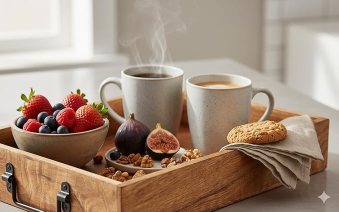 Wooden Decorative Serving Tray with Metal Handles | Wood Trays for Breakfast in Bed, Lunch, Dinner, Appetizers, Patio, Ottoman, Coffee Table, Party (15" X 11" x 2.75")
