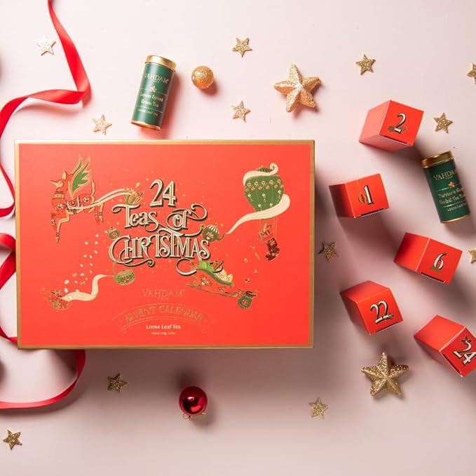 VAHDAM, Assorted Christmas Tea Gift Set (500g/17.63oz) 24 Unique Loose Leaf Teas in Tin Caddies - Exclusive Holiday Gift Box | Christmas Presents For Women, Men & Adults