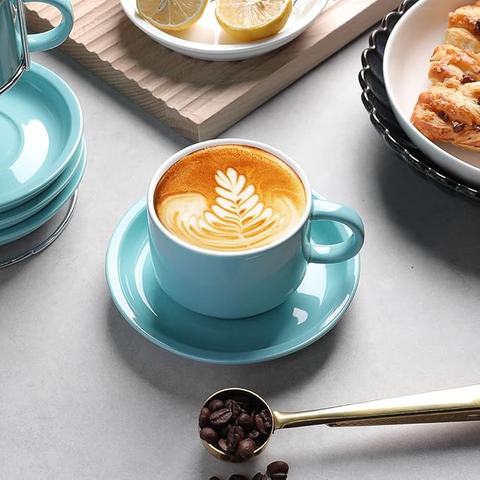 Sweejar Porcelain Cappuccino Cups with Saucers and Metal Stand, 8 Ounce Stackable Espresso Cups for Specialty Coffee Drinks, Latte, Americano, Tea - Set of 4 (Navy)