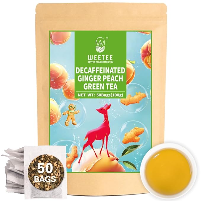 WT WEETEE Decaf Ginger Peach Green Tea Bags, Made of Decaffeinated Green Tea, Ginger & Natural Peach Flavor, Flavored Fruit Tea Bags 50 Counts Good for Iced