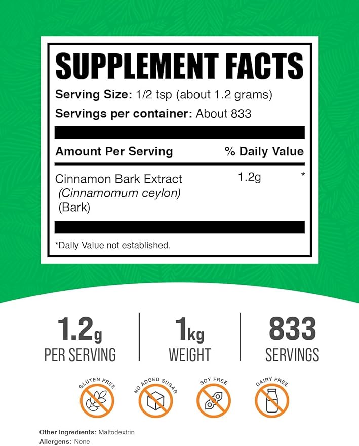 BulkSupplements.com Cinnamon Bark Extract Powder - Ceylon Cinnamon Supplement, Herbal Supplement - Vegan & Gluten Free, 1.2g per Serving, 1kg (2.2 lbs) (Pack of 1)