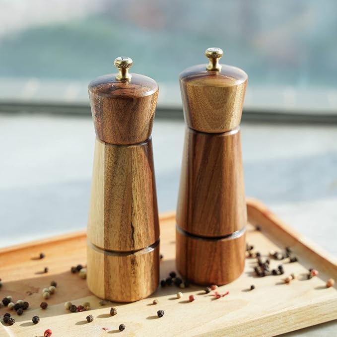 Salt and Pepper Mill Set, Adjustable Ceramic Grinder Salt Mill, Stainless Steel Grinder Pepper Mill, Acacia Wood, 16.5 cm / 6 inch Height, Bottom Dia 5 cm (Tray is NOT Included)