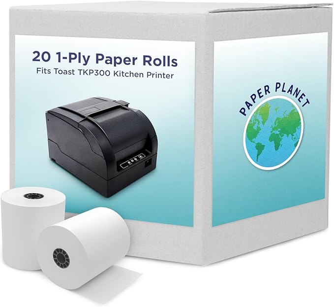 1-Ply White Bond Paper for Toast Kitchen Printer by Paper Planet | 20 Rolls | Compatible with TKP300 SNBC BTP-M300