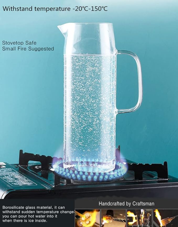 Glass Pitcher with Lid, 34 Oz Heat Resistant Glass Water Carafe with Handle for Fridge, Small Pitcher for Iced Tea, Milk, Hot and Cold Beverage, Glass Juice Jug 1000ML/34oz 1l