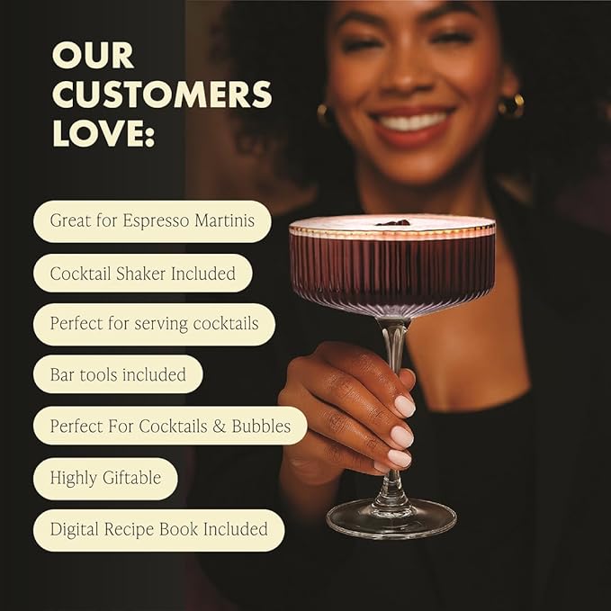 VEMACITY - Luxury Gold Cocktail Shaker Set - 15oz Glass Shaker with Strainer + 2 Gold-Rim Ribbed Martini Glasses (10oz) & Bar Tools | Espresso Martini Glasses | Ideal for Christmas & New Years
