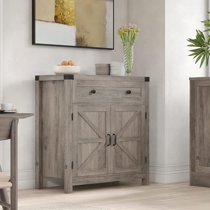 HOSTACK Coffee Bar Cabinet, Kitchen Storage Cabinet, Modern Farmhouse Buffet Sideboard with Drawer and Adjustable Shelf, Barn Door Accent Cabinets for Kitchen, Dining Room, Entryway, Ash Grey
