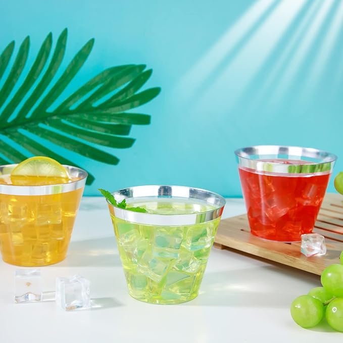 WELLIFE 120PCS Silver Disposable Plastic Cups,9 oz Clear Plastic Cups,Disposable Wine Glasses for Party and Christmas
