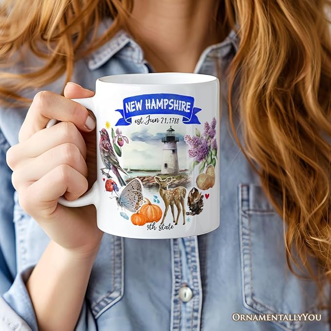 OrnamentallyYou State Travel Landmark Mugs – 12 oz Ceramic Coffee Cups, U.S. Souvenir Gift for Tourists (Artistic New Hampshire State Themes and Landmarks Mug)