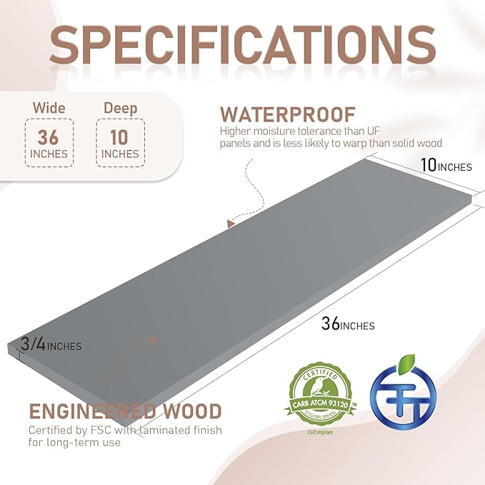 Kaboon 36 inch Long 10 inch Deep Floating Shelves for Wall Set of 2, Large Open Shelves Wall Mounted, Space Saving Home and Commercial Use, Gray