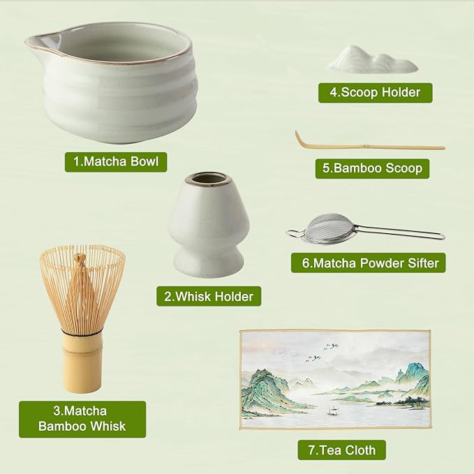 Soeos Premium Matcha Traditional Starter Set, 7-Piece Matcha Kit with Bamboo Whisk (Chasen), Scoop (Chashaku), Stainless Steel Sifter, Whisk Stand, Matcha Bowl, Scoop Rest, and Tea Towel
