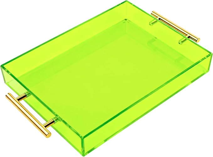Acrylic Serving Tray with Handles Large Ottoman Food Decorative Tray for Coffee Table Tea Fruit Snack Kitchen Bar Platter, 17x13’’, Neon Green
