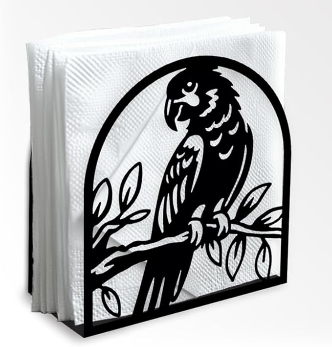 Parrot on Branch Decorative Black Metal Napkin Holder for Table, 4.9" x 5.3" x 1.9" Parrot Bird Standing Napkin Holder for Home Kitchen Restaurant Picnic Party Coffee Bar Room