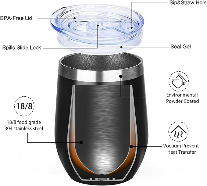 12 Oz Insulated Wine Tumbler with Lid Double Wall Vacuum Stainless Steel Wine Glass Coffee Mug Insulated Tumbler Cup for Champaign, Cocktail, Beer (Mixed, 6 Pack)