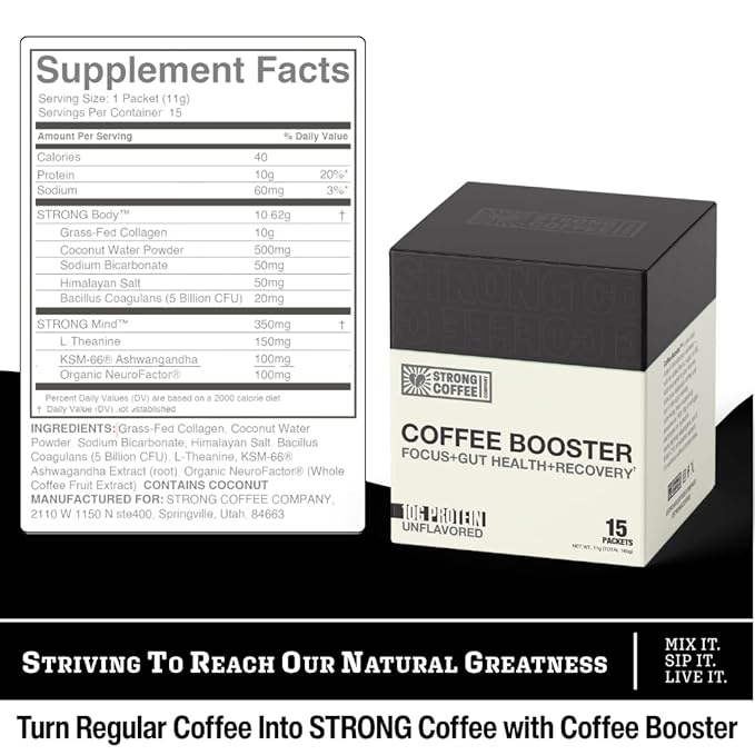 STRONG Coffee Co. Coffee Booster | 10g Collagen Coffee Protein with Nootropics & Adaptogens, NeuroFactor®, Ashwagandha, L-Theanine & Electrolytes for Focus & Balanced Energy | 15 Packets