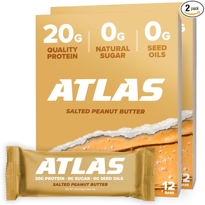 Atlas Bar – 20g Protein, 1g Sugar, 0g Seed Oils, 0g Artificial Sweeteners (Salted Peanut Butter, 24 Count)