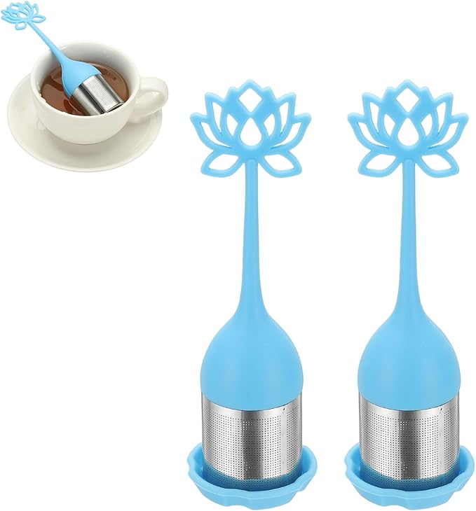 uxcell 2 Pcs Lotus Tea Infuser, Stainless Steel Loose Leaf Tea Steeper Filter with Silicone Handle Reusable Thin Pores Mesh Strainer Diffuser for Teacups Teapots Mugs, Blue