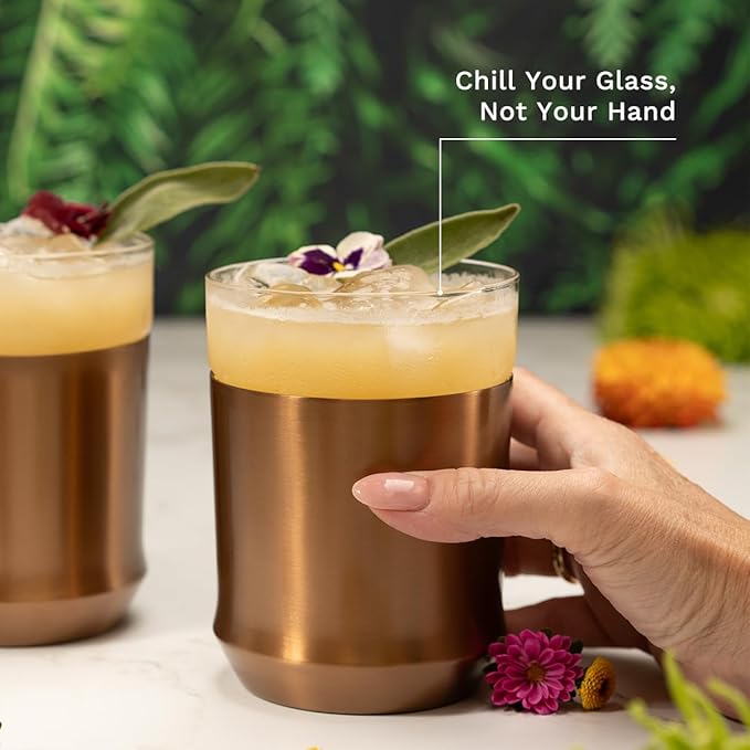 Elevated Craft Hybrid Cocktail Glass Premium Vacuum Insulated Steel Base with Removable Insert - 12oz Rocks Glass, Double Old Fashioned Lowball for Margaritas, Bourbon, Whiskey - Copper