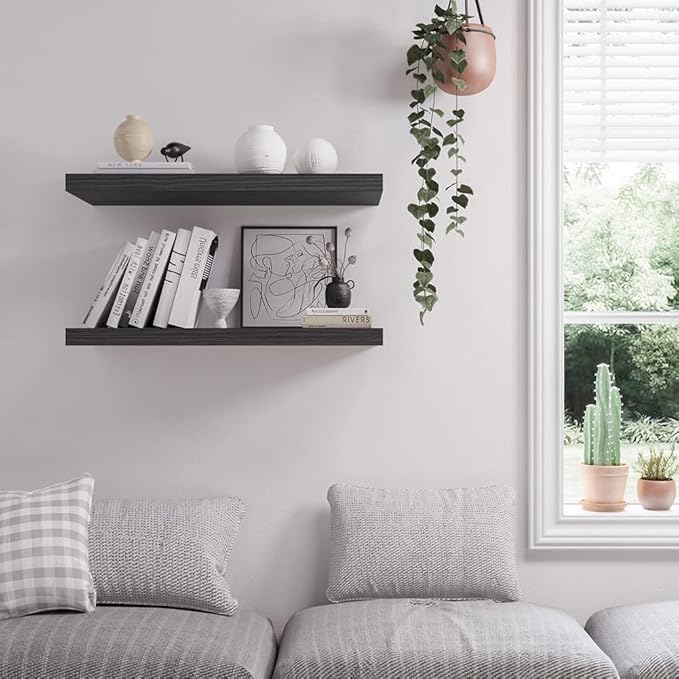 Floating Shelf, Set of 3 Wall Shelf, 30 in W x 12.75 in D x 2 in H Wooden Floating Wall Shelf with Invisible Brackets for Living Room/Bedroom/Bathroom/Kitchen Storage and Decor, Black Wood