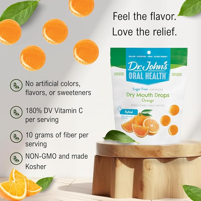 Dr. John's Healthy Sweets Orange Dry Mouth Drops with Zero Sugar, Dye-Free, Plant Based, Keto Friendly, 24 Count, 3.85oz Bag