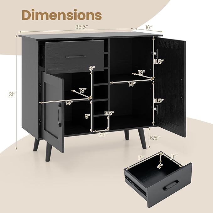Buffet Cabinet with Storage, Liquor Cabinet w/ 6-Bottle Wine Rack, 1 Drawer & 2 Doors, Wood Buffets & Sideboards, Farmhouse Coffee Bar Table for Kitchen, Dining Living Room, Entryway (Black)